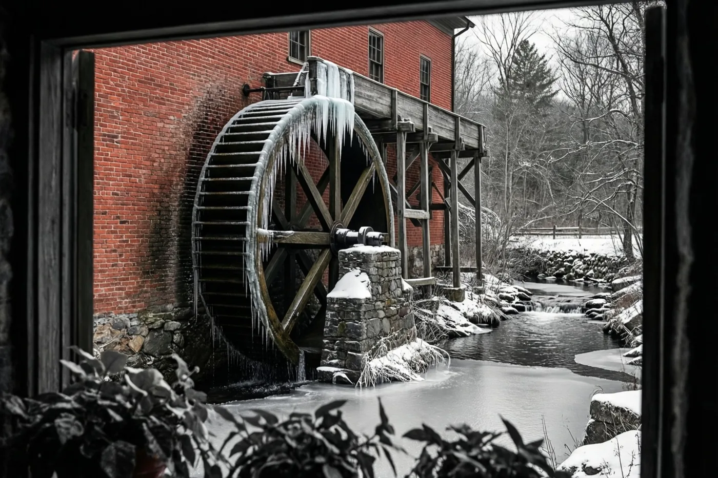 Door een raam is een oude rode bakstenen watermolen te zien met een houten rad vol ijspegels naast een deels bevroren beek, met sneeuw en kale bomen eromheen.