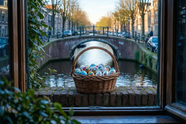 Door een raam met groen aan de linkerkant is een rieten mand met kleurrijk beschilderde eieren te zien op een bakstenen borstwering langs een kanaal, met een stenen brug in warm gouden licht.