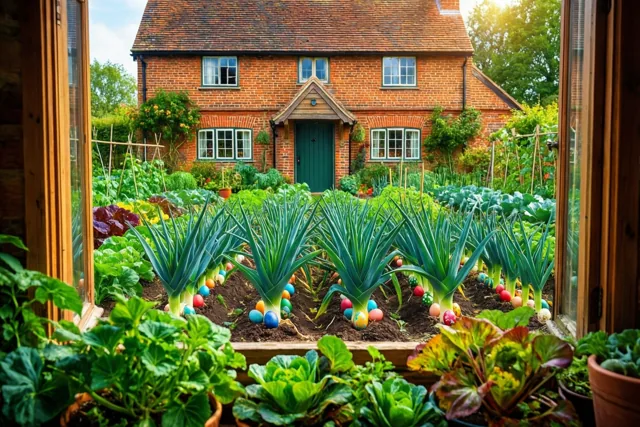 Door een raam met een houten kozijn zijn rijen prei met kleurrijk beschilderde eieren te zien in een groene moestuin achter een rode bakstenen hoeve onder een heldere hemel.