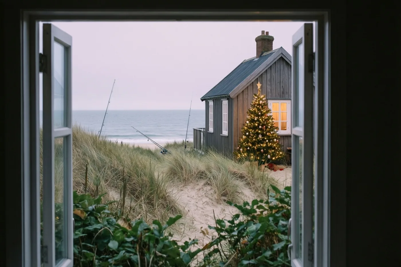 Door een open raam met groen op de voorgrond is een houten vissershuisje in de duinen te zien, met een verlichte kerstboom buiten en de zee onder een bewolkte lucht erachter.