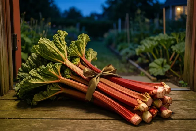 Een bundel rode rabarberstelen met groene bladeren en een bruin lint ligt op een houten drempel, met een wazige tuin en een huis in de avondschemering op de achtergrond.