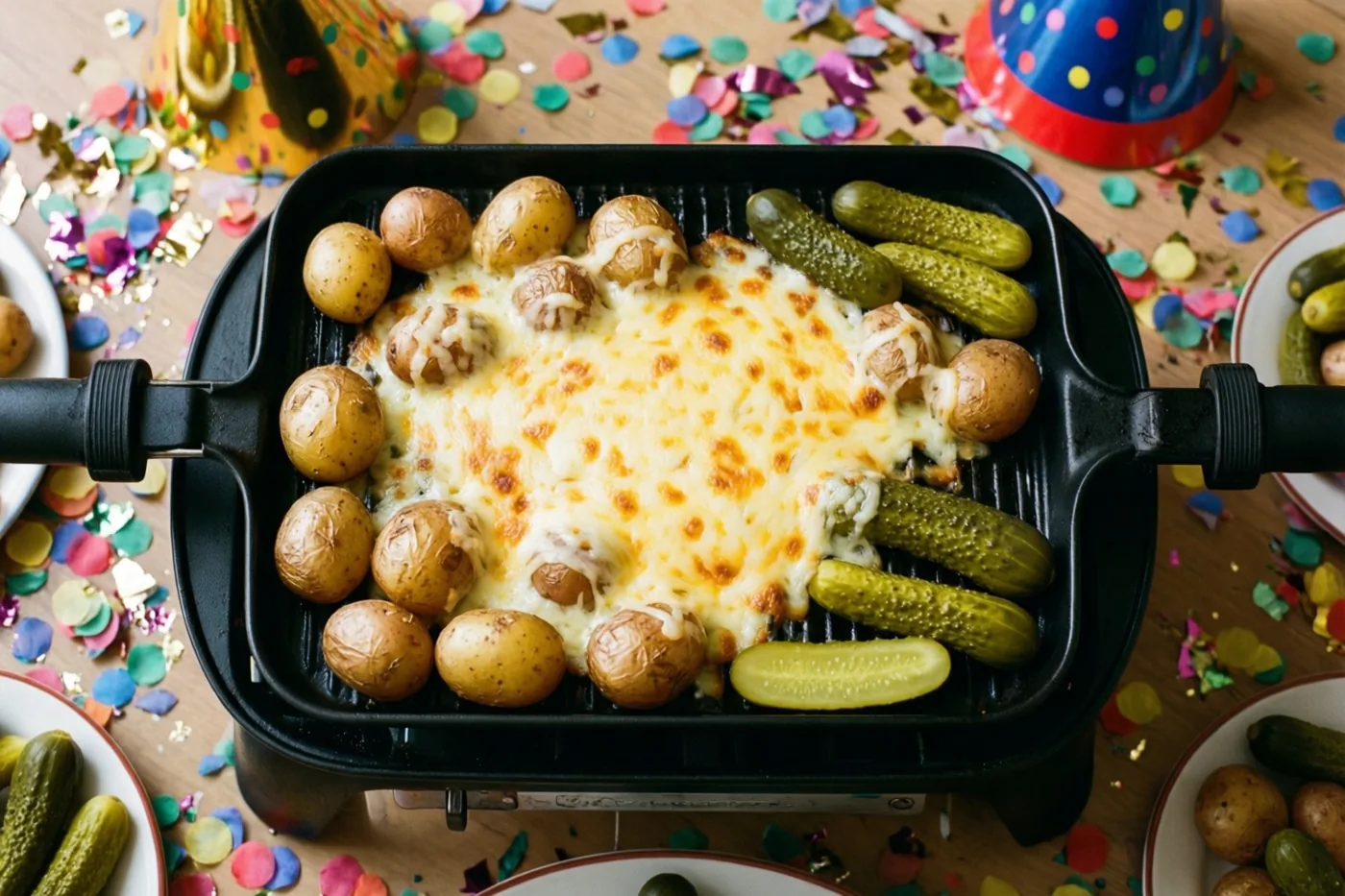 Een raclettegrill met gesmolten kaas, krielaardappelen en augurken staat op een houten tafel met kleurrijke confetti en feesthoedjes.