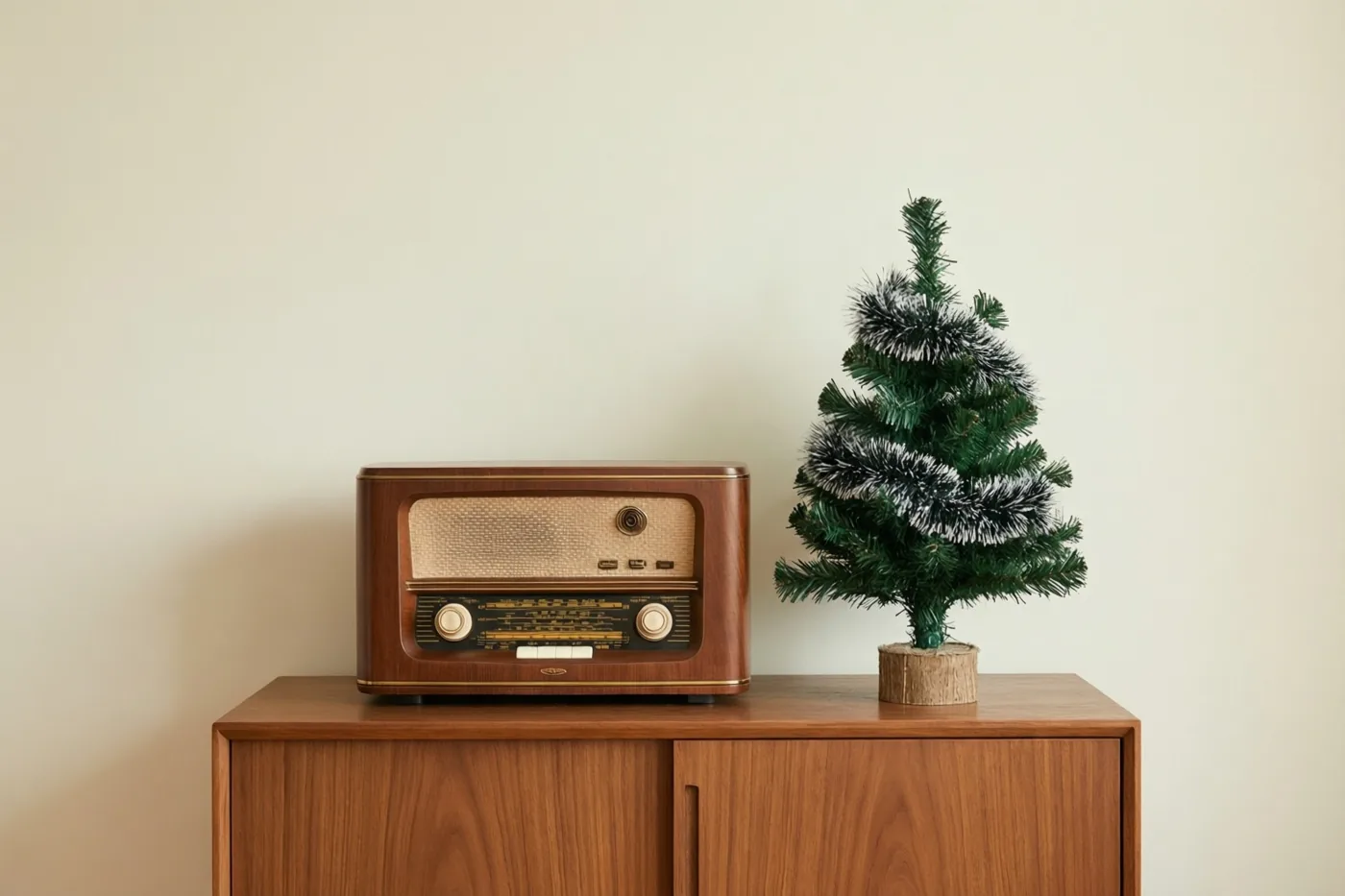 Een oude houten radio staat op een houten dressoir naast een klein kunstkerstboompje met zilveren glitterslingers, voor een gebroken witte muur.