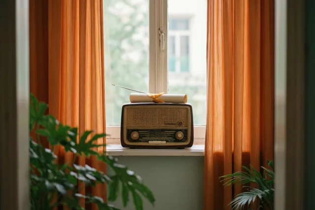 Een oude transistorradio en een opgerold diploma met een lint staan op een vensterbank tussen oranje gordijnen in zacht daglicht.