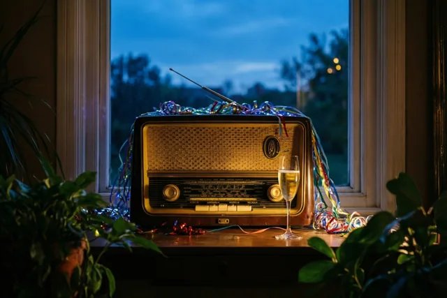 Een oude buizenradio met kleurrijke serpentines en een glas champagne staan op een houten vensterbank tussen kamerplanten, met een schemerblauwe avondlucht achter het raam.
