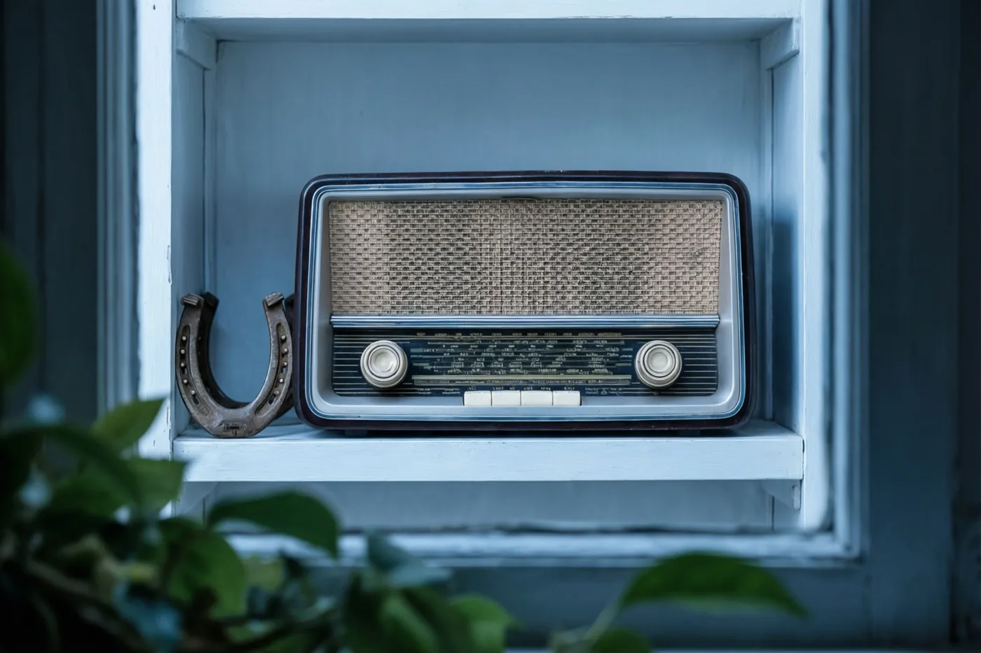 Een oude radio met gevlochten luidsprekerrooster en twee knoppen staat met een metalen hoefijzer op een lichtblauwe houten plank, omlijst door een raamachtige structuur met groen blad ervoor.