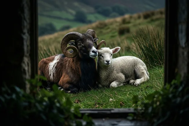 Een ram met gebogen hoorns en een lam liggen tegen elkaar op een grasheuvel, gezien door een donker houten kader met groene heuvels op de achtergrond.