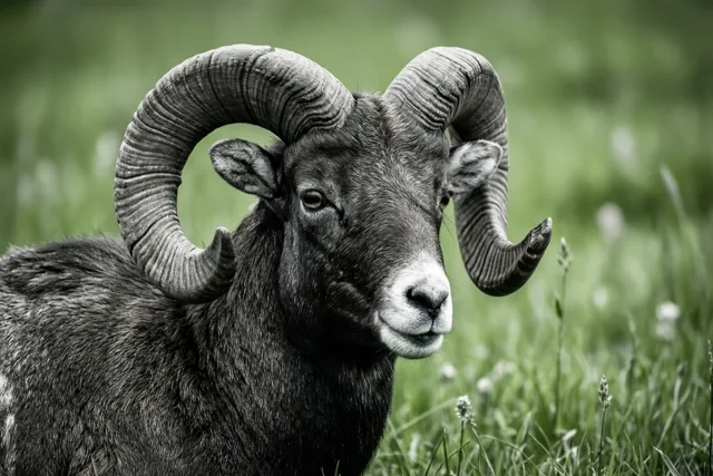 Een ram met grote gekrulde hoorns is van dichtbij te zien in een groene weide, met zwart-witte tinten in zijn vacht.