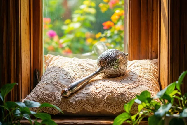 Een gegraveerde zilveren rammelaar ligt op een beige kanten kussen op een houten vensterbank, met door het raam een wazig zicht op kleurrijke tuinbloemen.
