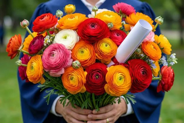 Een persoon in een blauwe afstudeertoga houdt buiten een groot kleurrijk boeket ranonkels met een opgerold diploma vast, tegen een wazige groene achtergrond.