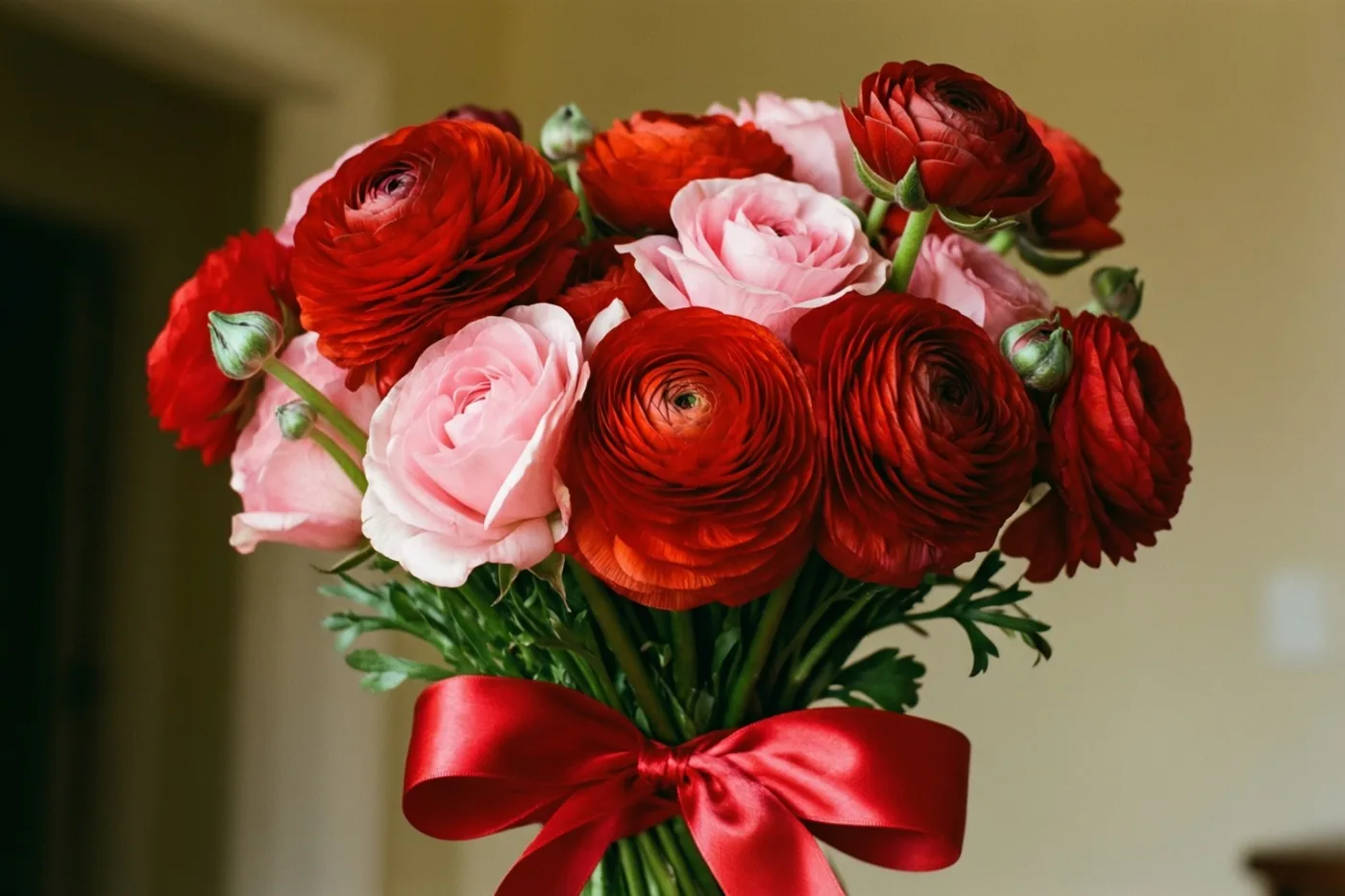 Een boeket rode ranonkels en roze rozen is van dichtbij te zien, samengebonden met een rood satijnen lint tegen een onscherpe achtergrond.
