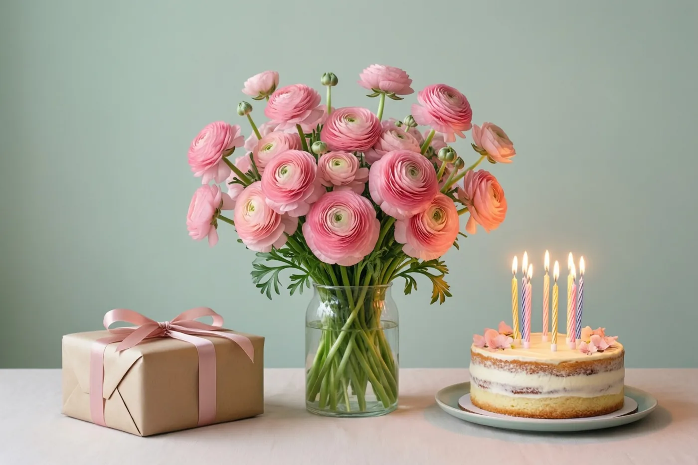 Een vaas roze ranonkels staat op een tafel naast een ingepakt cadeau en een klein taartje met brandende kaarsjes, tegen een effen lichtgroene muur.