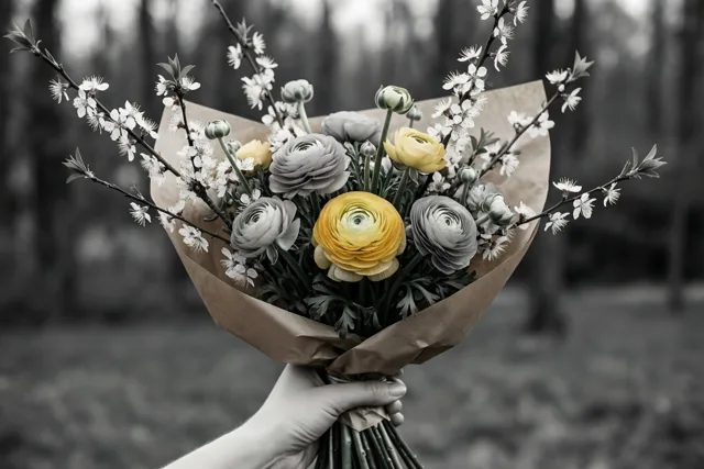 Een hand houdt ranonkels en bloesemtakken in bruin papier, waarbij de gele bloemen en witte bloesems afsteken tegen een onscherpe bosachtergrond in zwart-wit.