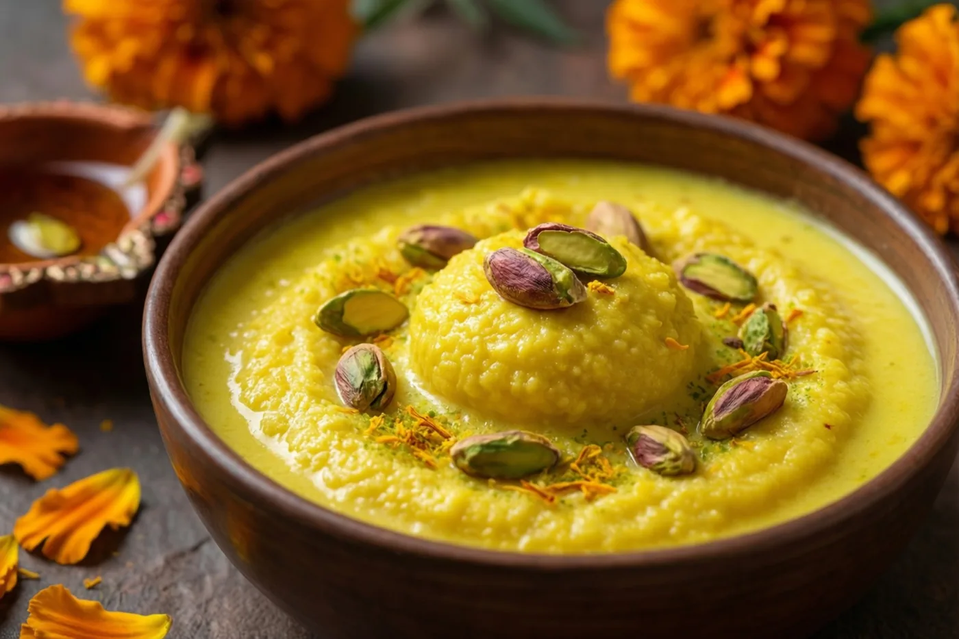 Een houten kom gele saffraanrasmalai met pistachenoten en blaadjes van afrikaantjes staat naast een klein olielampje op een donkere ondergrond.