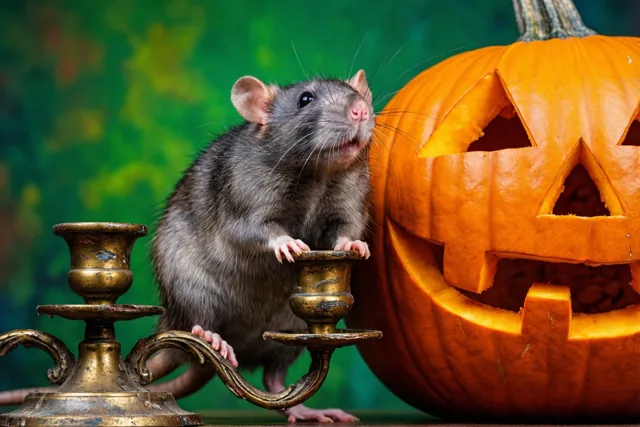 Een grijze rat zit op een sierlijke messing kandelaar naast een uitgesneden pompoen, tegen een wazige groene achtergrond.