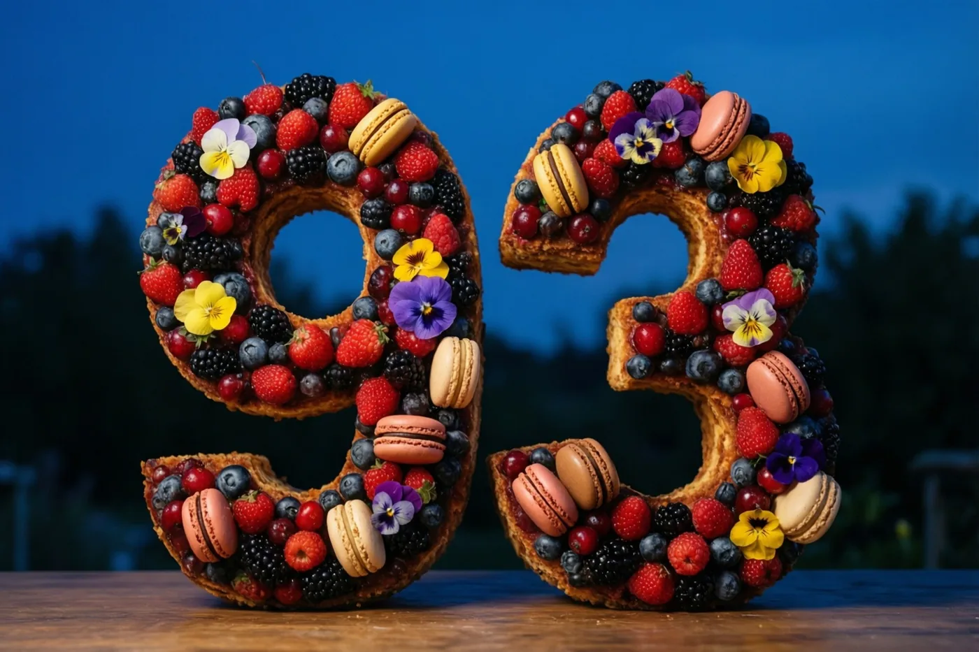 Twee grote rechtopstaande cijfertaarten vormen 93 op een houten ondergrond, versierd met bessen, macarons en eetbare bloemen tegen een donkerblauwe schemerachtergrond.