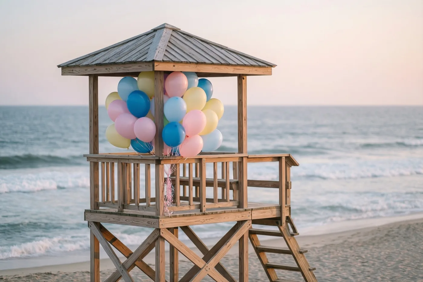 Een houten redderspost met een grote tros pastelballonnen staat op een zandstrand, met zachte golven en een nevelige lucht op de achtergrond.