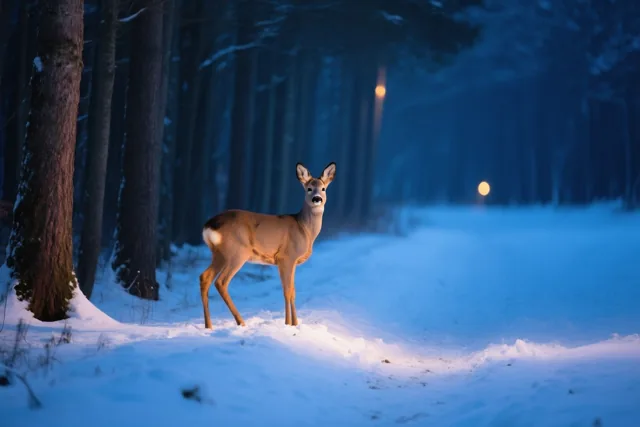 Een ree staat alert in een besneeuwd bos bij schemering, met warme lichtaccenten op het dier en de sneeuw tegen donkere bomen in koele blauwe tinten.