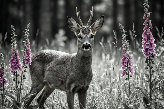 Een jonge ree met een klein gewei staat alert op een open plek in het bos tussen hoog gras en paars vingerhoedskruid, waarbij alleen de paarse bloemen kleur behouden.