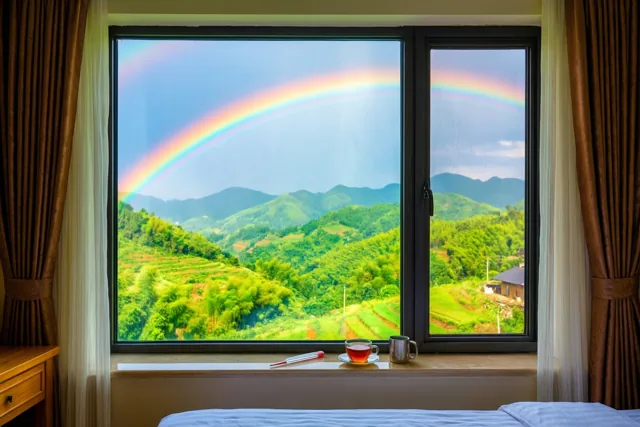 Een slaapkamerraam omlijst een regenboog boven groene heuvels en terrasvelden, met een kop thee en een thermometer op de vensterbank.