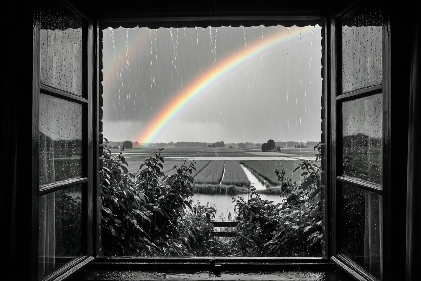 Door een raam met regendruppels is een felle regenboog boven natte poldervelden te zien, met donker gebladerte op de voorgrond.
