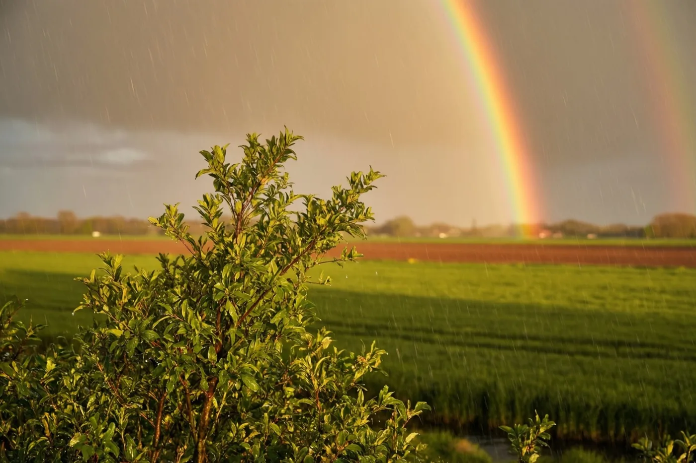 Een felle regenboog staat boven regenachtige groene poldervelden met een struik op de voorgrond, terwijl goudkleurig zonlicht door donkere wolken breekt.
