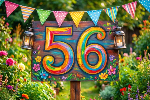 Een houten bord met 56 in golvende regenboogkleuren staat tussen twee brandende lantaarns in een tuin met bloemen, groen en vlaggetjes erboven.