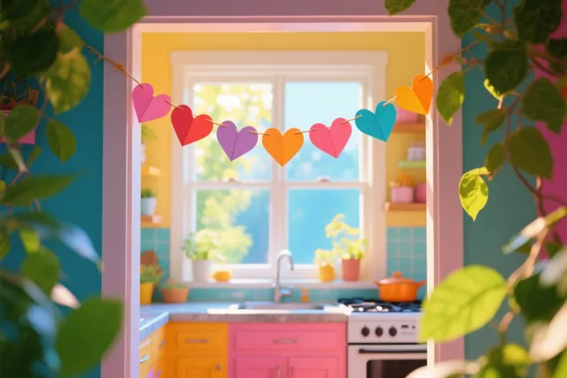 Een regenboogkleurige hartjesslinger hangt voor een zonnig keukenraam met groen eromheen, tussen gele, roze en blauwe muren en kasten.