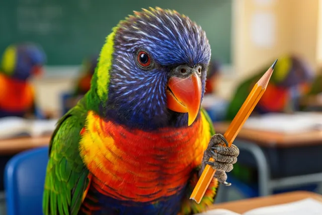 Een kleurrijke regenbooglori houdt een geslepen geel potlood in zijn poot aan een houten schoolbank, met een groen krijtbord en wazige schoolbanken op de achtergrond.