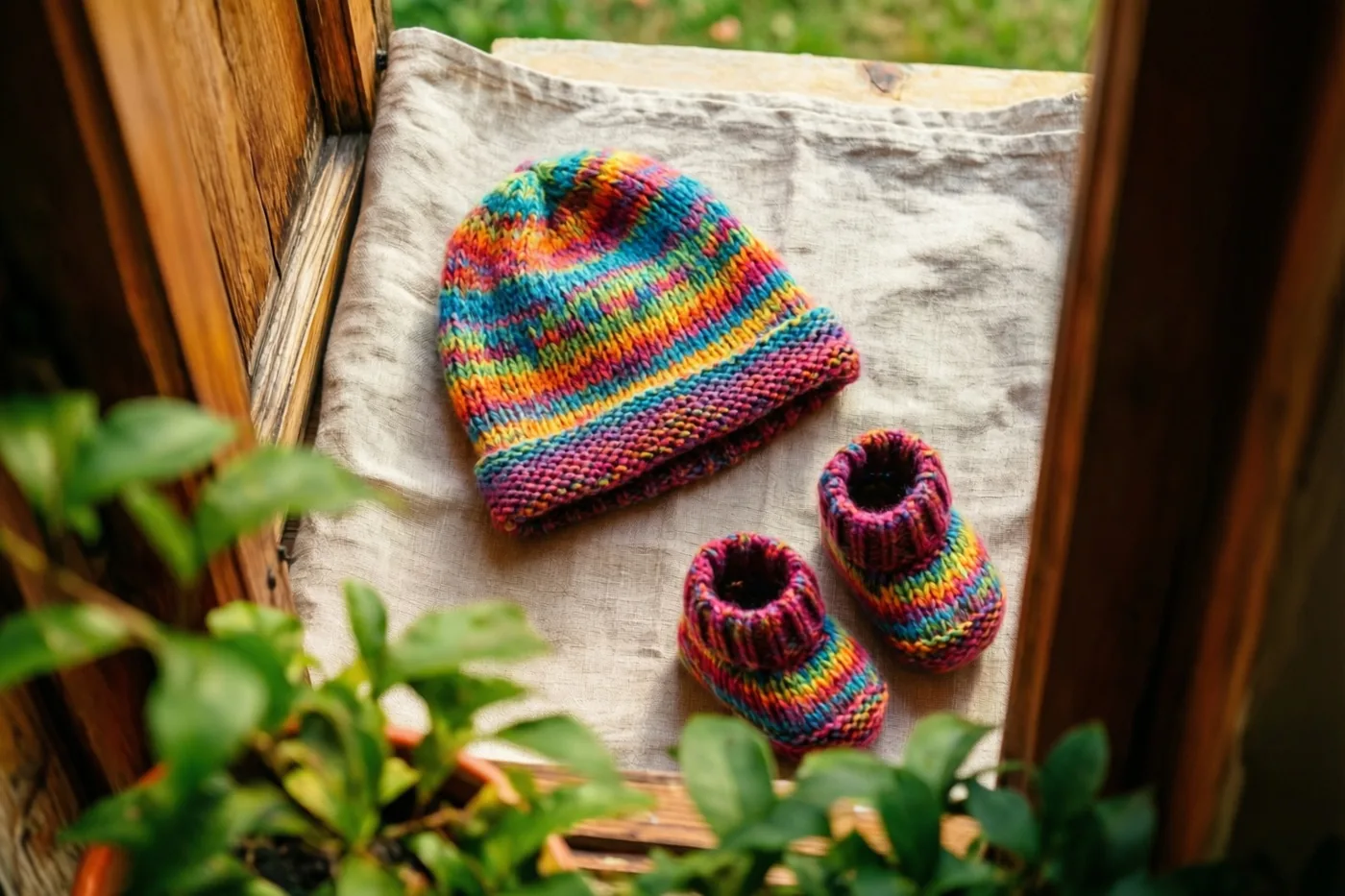 Een gebreid babymutsje en slofjes in regenboogkleuren liggen op beige linnen, van bovenaf gezien door een houten raamkozijn met houten panelen en groen gebladerte eromheen.