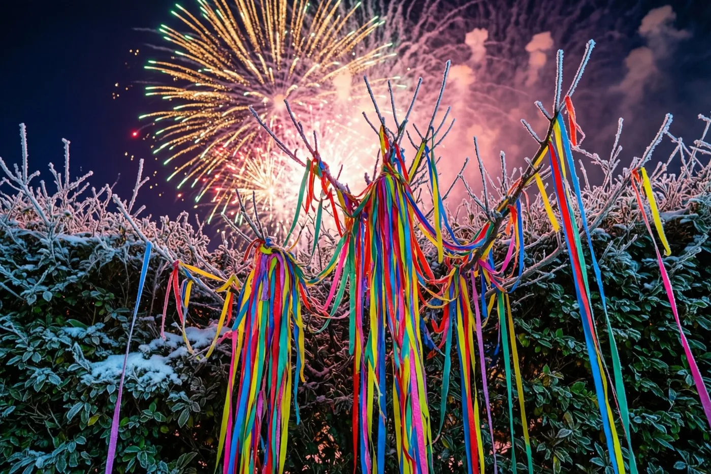 Serpentines in regenboogkleuren hangen aan berijpte haagtakken in ijzige blauwe en witte tinten, met vuurwerk aan de nachthemel erachter.