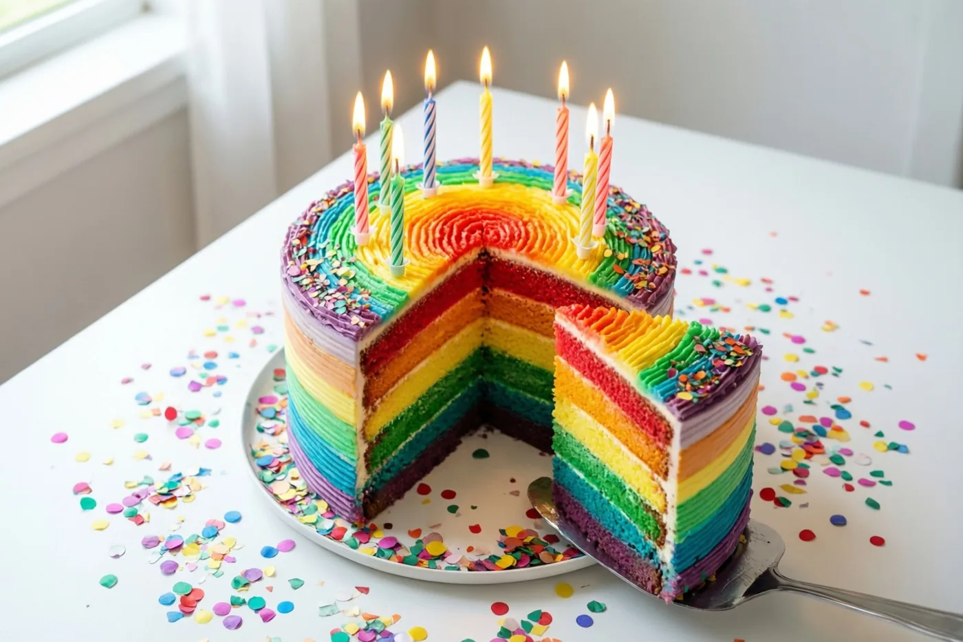 Een regenboogtaart waaruit een stuk is gesneden staat met brandende kaarsen op een wit bord op een witte tafel bij een raam, met confetti eromheen.