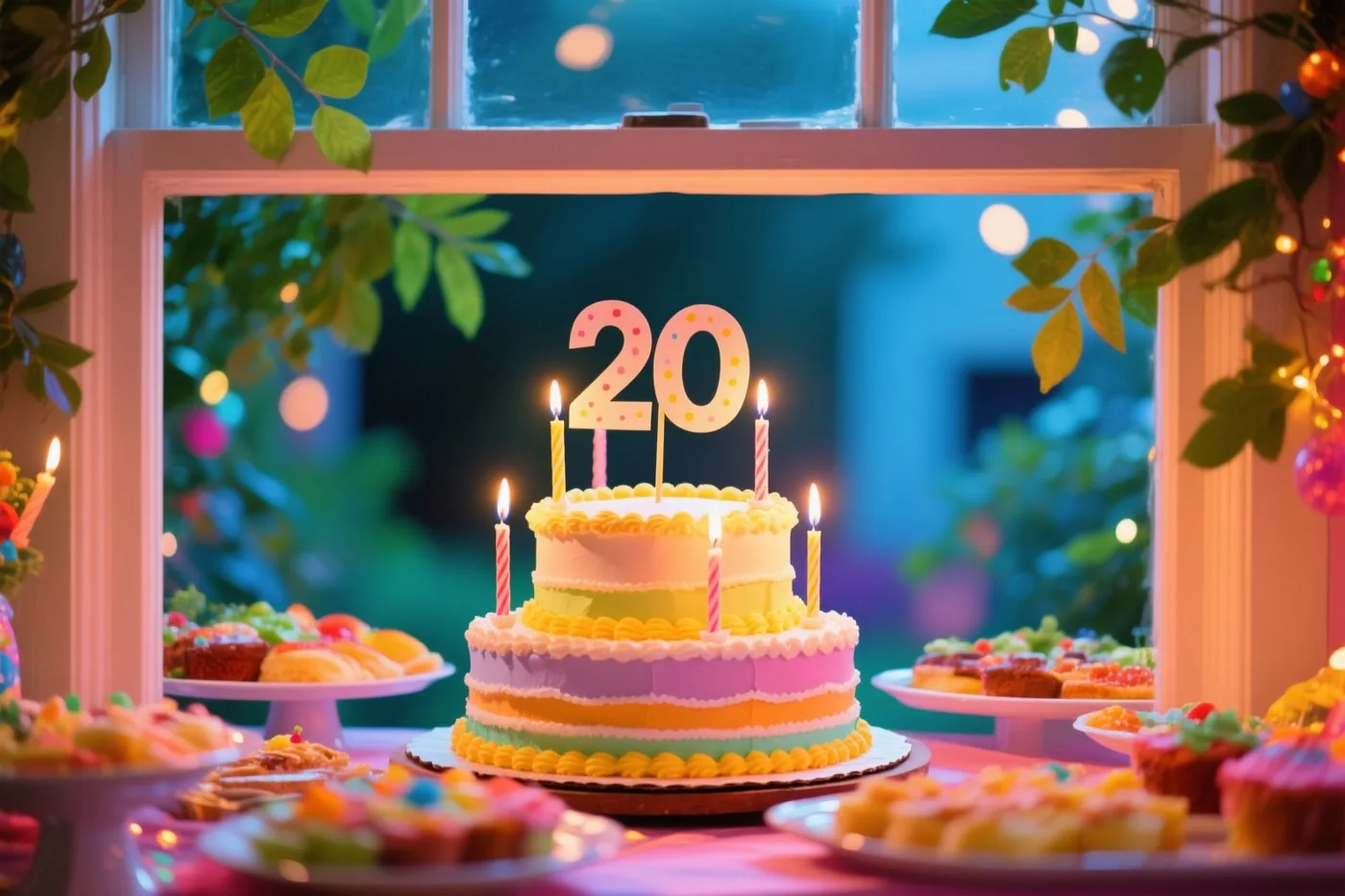 Een taart met verdiepingen, regenboogkleurig glazuur, brandende kaarsjes en een grote papieren 20 staat op een buffettafel bij een raam met zicht op groen en lichtslingers.