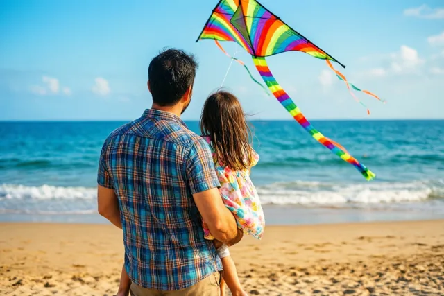 Een vader en zijn jonge dochter houden van achteren gezien op een zandstrand een vliegende regenboogkleurige vlieger vast, met een helderblauwe lucht en de zee op de achtergrond.