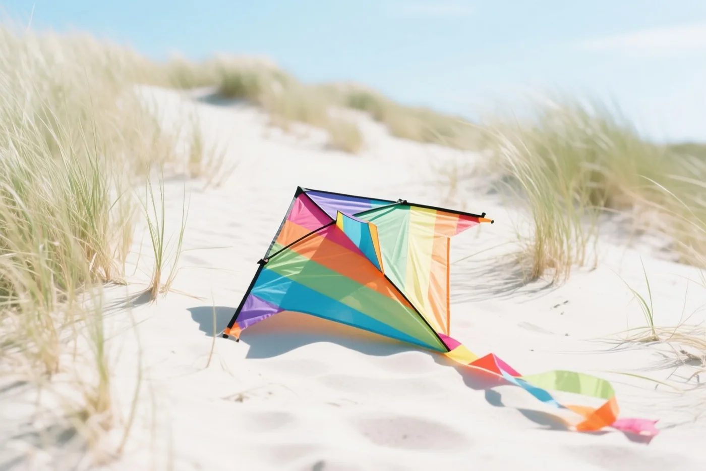 Een papieren vlieger met regenboogstrepen ligt in witte zandduinen tussen hoog lichtgroen gras onder een helderblauwe hemel.