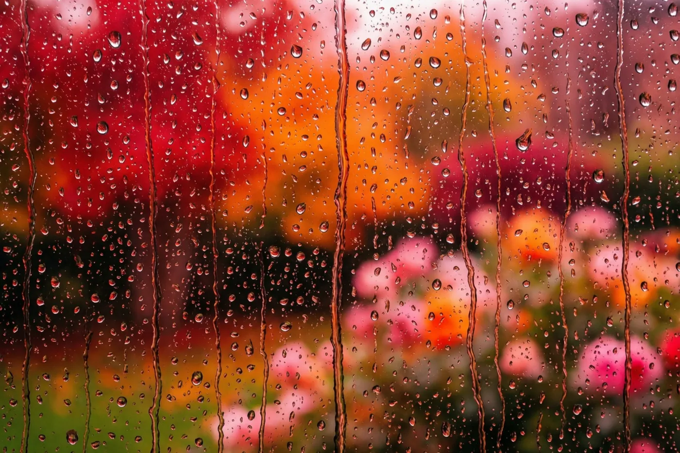 Regendruppels lopen over een raam en vervagen het zicht op een tuin in rode, oranje en roze tinten.