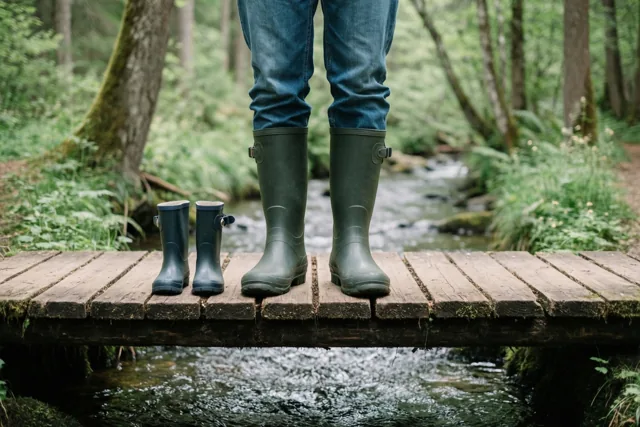 Een paar grote groene regenlaarzen en een paar kleine kinderlaarzen staan naast elkaar op een houten brug over een beek in een groen bos.