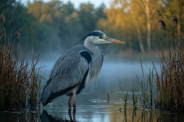 Een blauwe reiger staat in ondiep water tussen bruin riet, met een mistige vijver en goudkleurige bomen op de achtergrond in koele blauwe en warme gouden tinten.