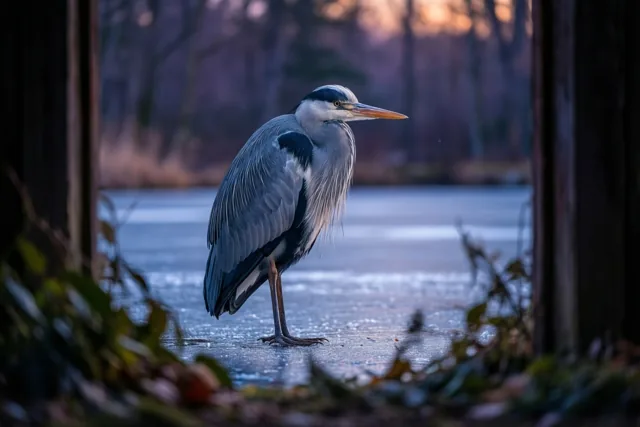 Een blauwe reiger staat roerloos op een bevroren vijver in blauwe en paarse tinten, met donkere verticale vormen en wazig loof vooraan en warme zonsondergangskleuren in de verte.