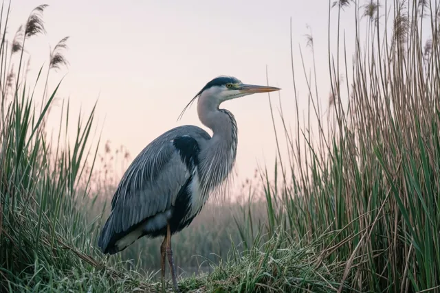 Een blauwe reiger staat roerloos tussen hoog riet aan de rand van een moerasgebied bij dageraad, in zachtroze en lichtblauwe tinten.
