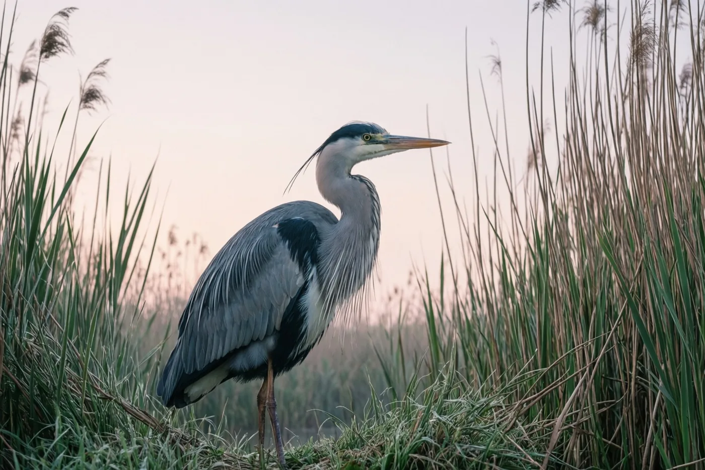 Een blauwe reiger staat roerloos tussen hoog riet aan de rand van een moerasgebied bij dageraad, in zachtroze en lichtblauwe tinten.