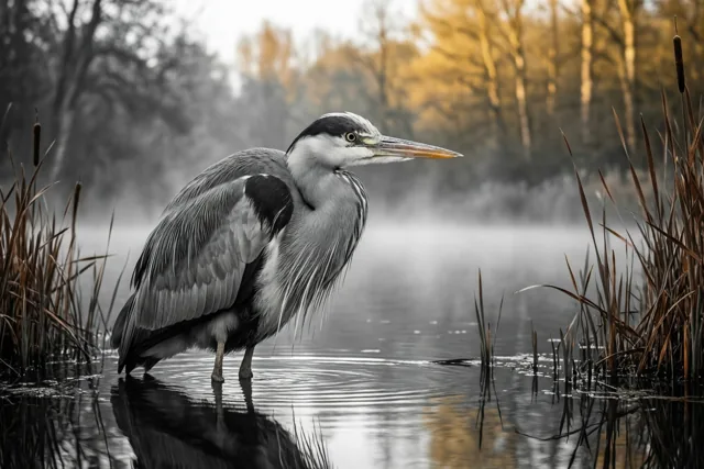 Een blauwe reiger staat in ondiep water tussen bruin riet en mist, met goudkleurige bomen die afsteken tegen de gedempte grijze en bruine tinten.