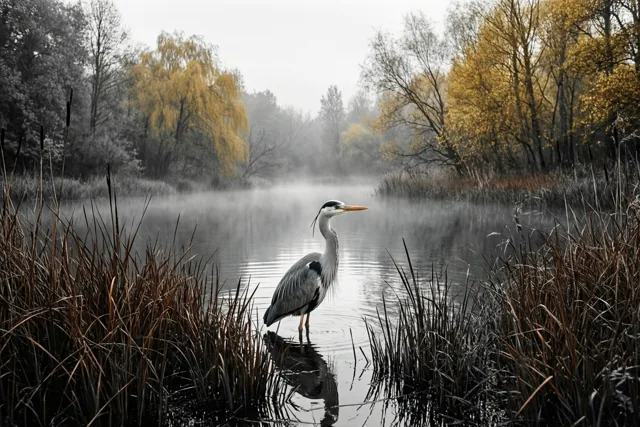 Een blauwe reiger staat in ondiep water tussen bruin riet in een mistige vijver, met goudkleurige herfstbomen onder een bewolkte hemel op de achtergrond.