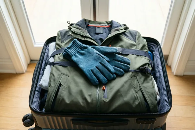Een opgevouwen olijfgroene reisjas en blauwe gebreide handschoenen liggen op een ingepakte koffer bij een deur, met een houten vloer en zacht raamlicht op de achtergrond.