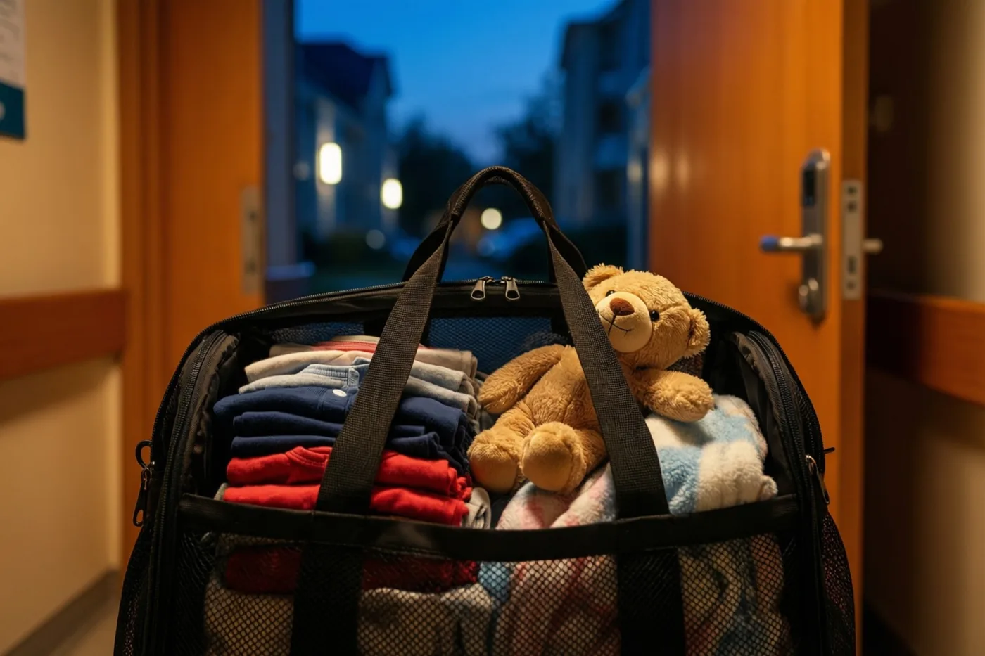 Een zwarte reistas met opgevouwen babykleertjes, een teddybeer en een deken staat bij een houten deur, met warm binnenlicht en wazige straatverlichting buiten in de schemering.
