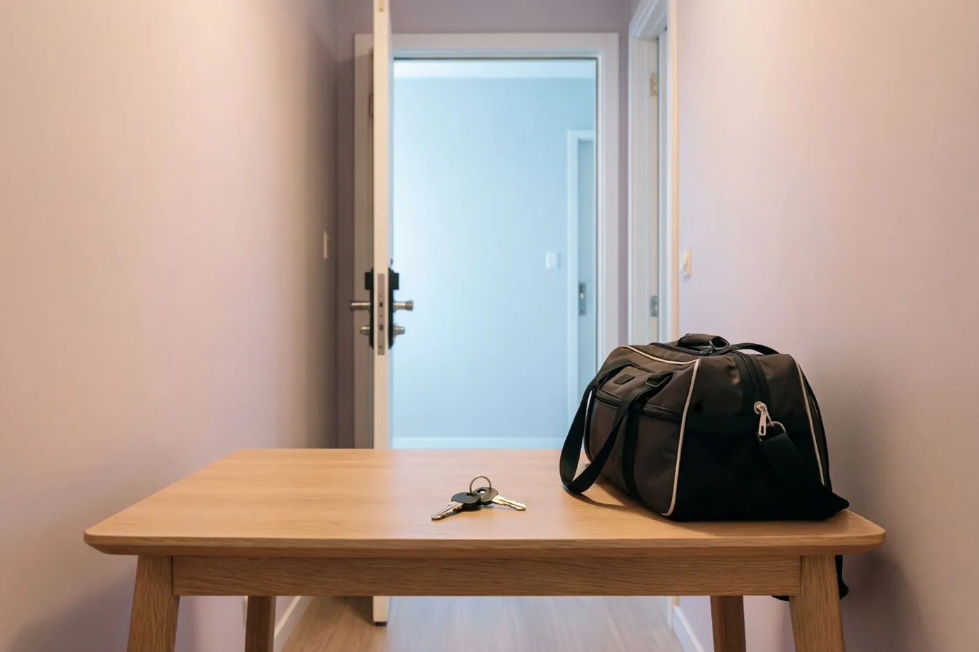 Een donkere reistas en sleutels liggen op een houten tafel in een gang met roze en lavendelkleurige muren en een open voordeur.