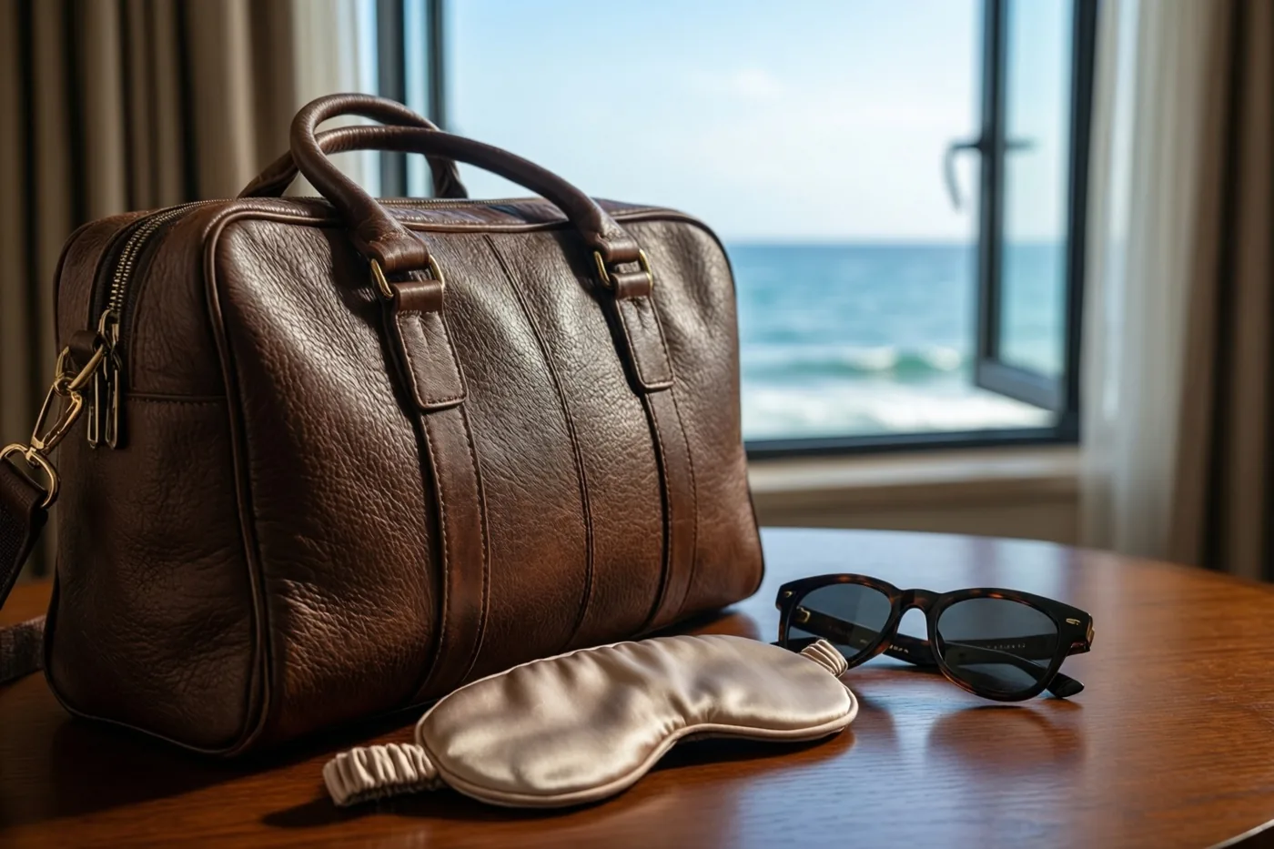 Een bruine leren reistas, een beige zijden slaapmasker en een zonnebril met schildpadmotief liggen op een houten bureau bij een open raam met uitzicht op zee onder een heldere lucht.