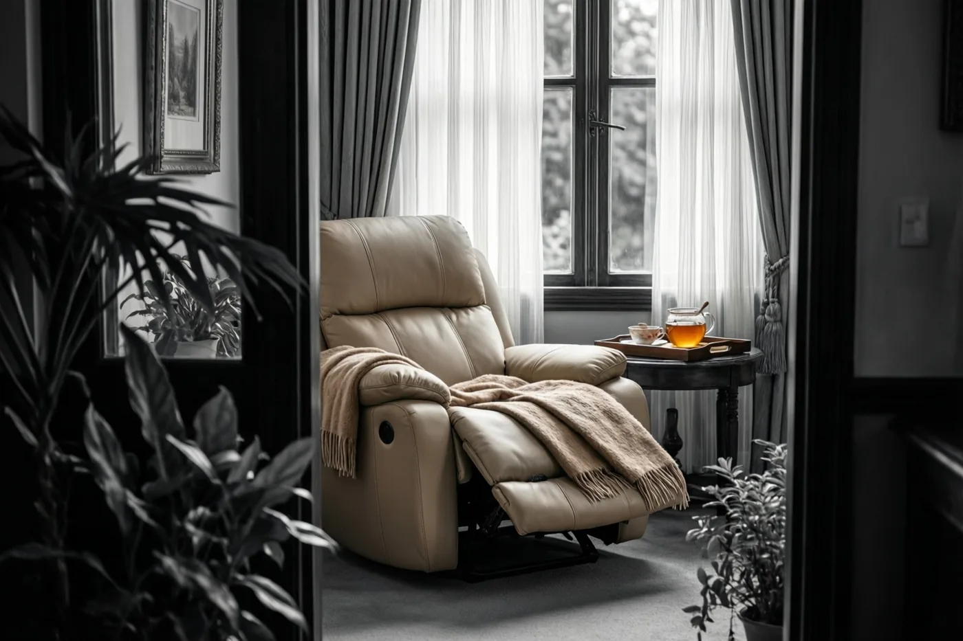 Door een deuropening is een beige relaxzetel met een zachte deken bij een raam met doorschijnende gordijnen te zien, naast een dienblad met een glas honingthee, kamerplanten en een ingelijste afbeelding aan de muur.