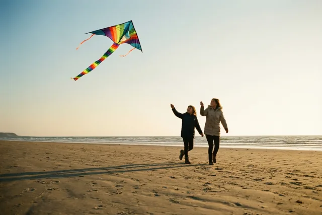 Twee mensen rennen over een breed zandstrand met een kleurrijke regenboogvlieger onder een heldere hemel in warm goudkleurig zonlicht.
