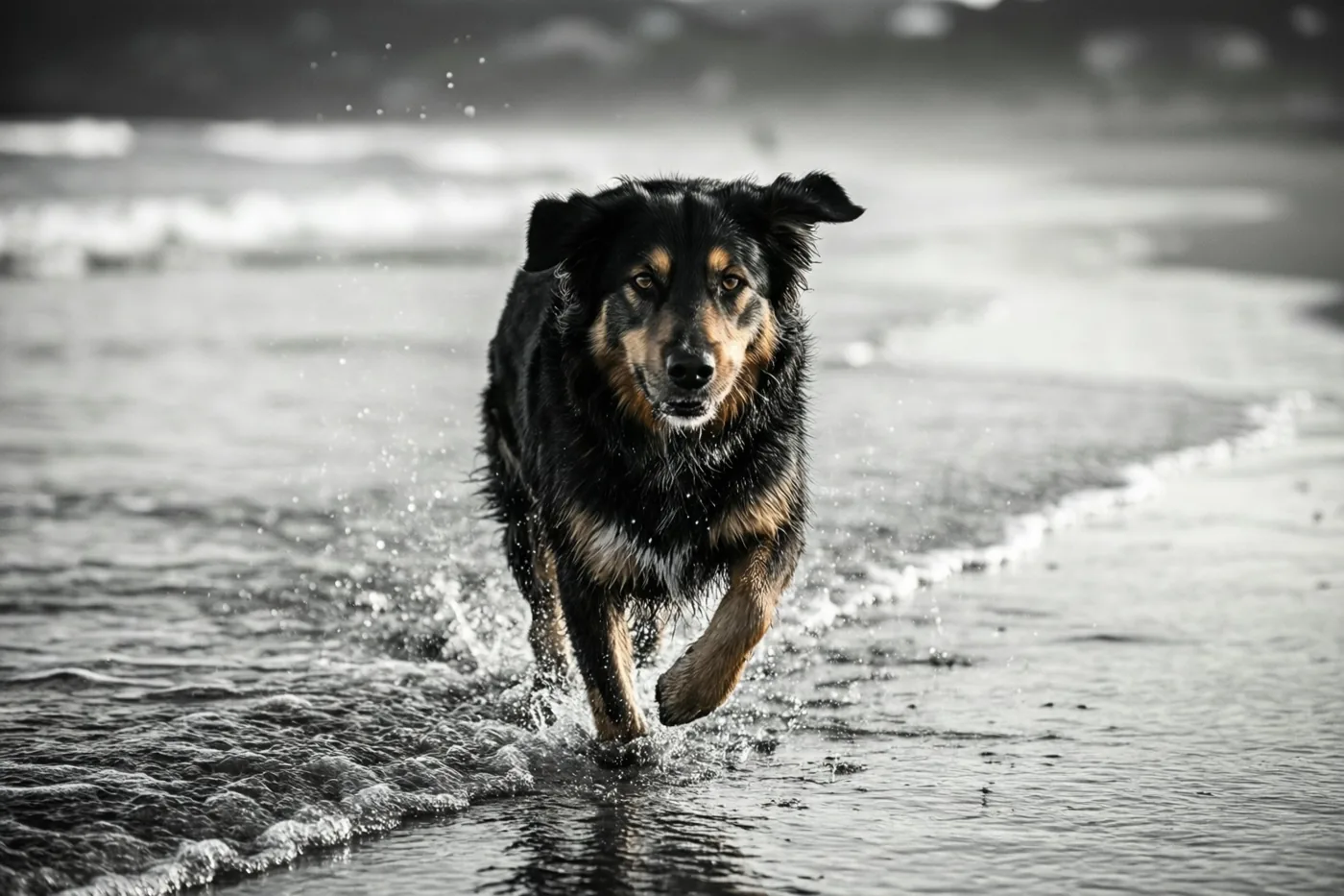 Een hond rent door ondiepe golven op het strand en doet het water opspatten op een zwart-witfoto.